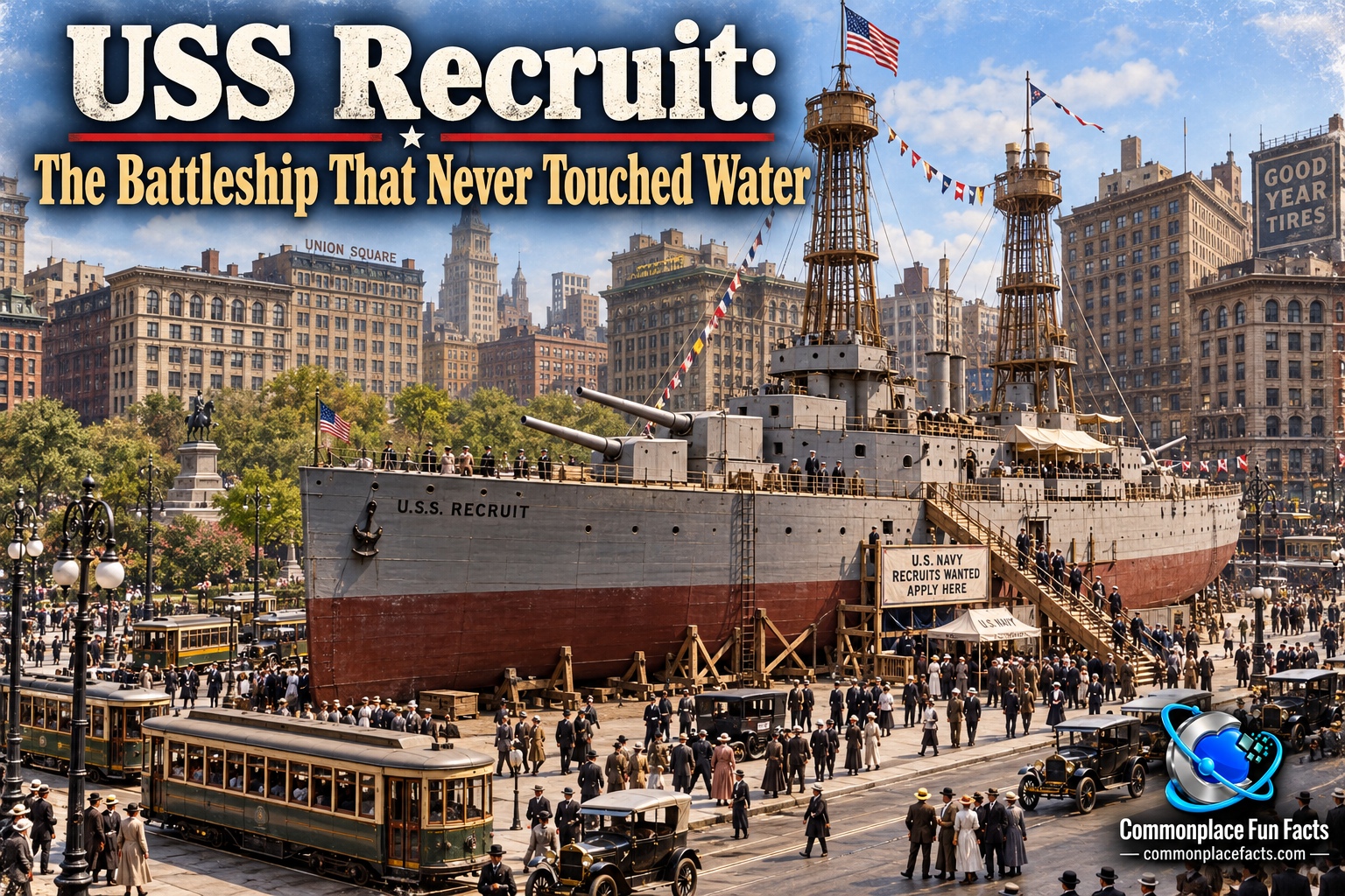 Title image for “USS Recruit: The Battleship That Never Touched Water,” showing the USS Recruit, a wooden World War I battleship replica, sitting on dry land in New York’s Union Square in 1917. The ship dominates the scene, surrounded by streetcars, early automobiles, pedestrians, and tall Manhattan buildings, with the article headline across the top and the Commonplace Fun Facts logo in the bottom right.